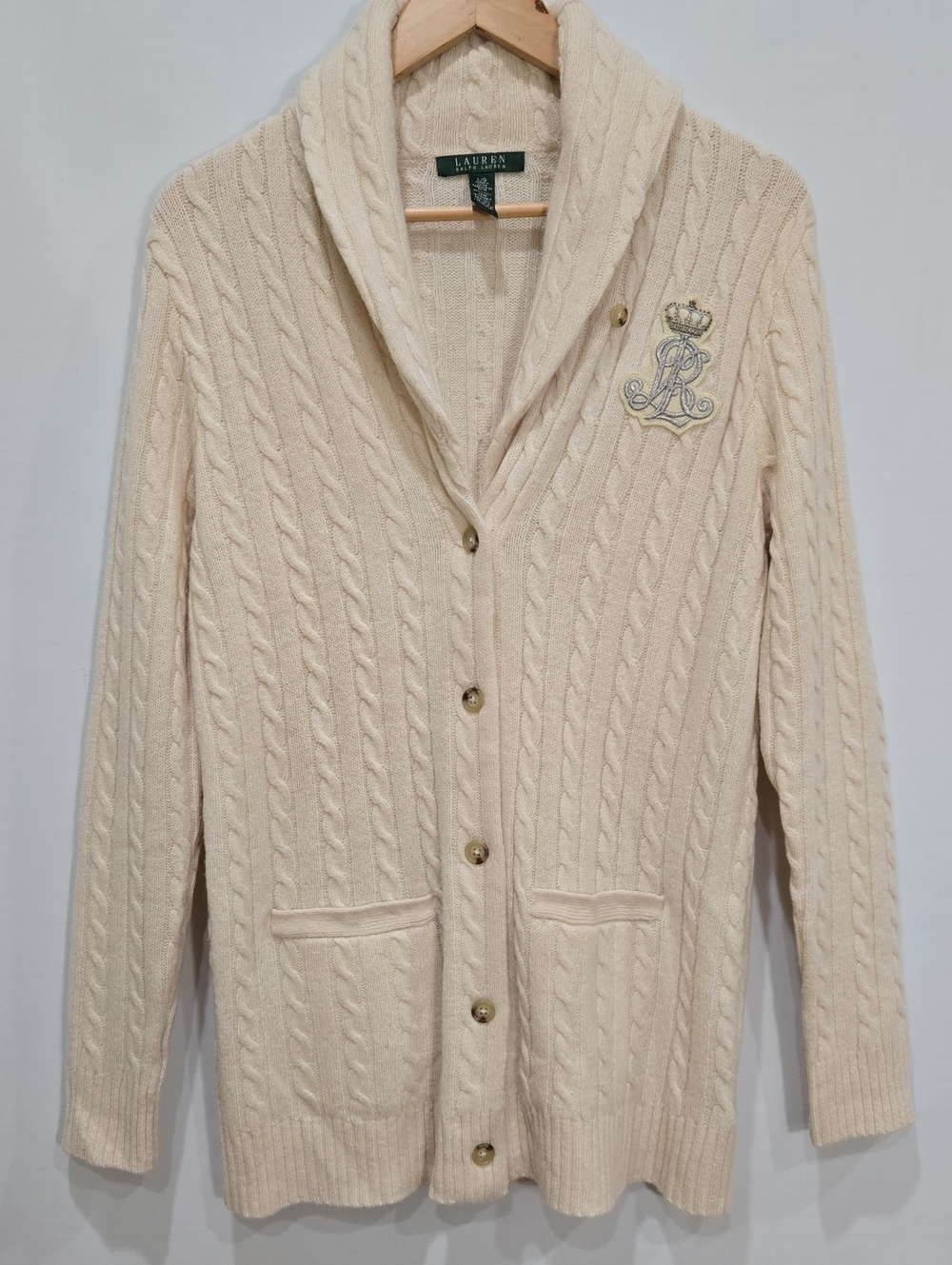 Laurrn Ralph Lauren Wool Rabbit Hair Blen Cable Knit Longline Cardigan Sweater L